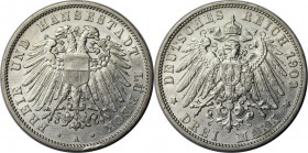 Deutsche Münzen und Medaillen ab 1871, REICHSSILBERMÜNZEN, Lübeck. 3 Mark 1909 A, Silber. Jaeger 82. Vorzüglich-stempelglanz