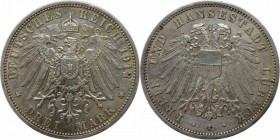 Deutsche Münzen und Medaillen ab 1871, REICHSSILBERMÜNZEN, Lübeck. 3 Mark 1912 A, Silber. Jaeger 82. Vorzüglich. Kratzer