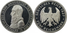 Deutsche Münzen und Medaillen ab 1871, WEIMARER REPUBLIK. Universität Tübingen. 5 Reichsmark 1927 F, Silber. Jaeger 329. Polierte Platte, Haarlinien...