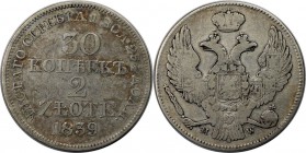 Russische Münzen und Medaillen, Nikolaus I. (1826-1855), für Polen. 30 Kopeken / 2 Zloty 1839 MW, Silber. Bitkin 1159. Schön - Sehr schön