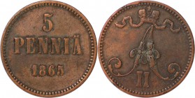 Russische Münzen und Medaillen, Alexander II (1854-1881), Finnland. 5 Penniä 1865, Kupfer. Vorzüglich