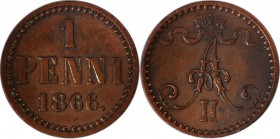 Russische Münzen und Medaillen, Alexander II (1854-1881), Finnland. 1 Penni 1866, Kupfer. Vorzüglich