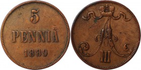 Russische Münzen und Medaillen, Alexander III (1881-1894), Finnland. 5 Penniä 1889, Kupfer. Bitkin 247. Vorzüglich