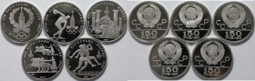 Russische Münzen und Medaillen, Lots und Sammlungen. Olympische Spiele Moskau 1980. 5 x 150 Rubel 1977-1980. Lot von 5 Münzen. Platin. Polierte Platte...