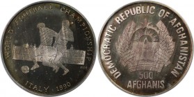 Weltmünzen und Medaillen, Afganistan. Fußball WM 1990 Italien. 500 Afganis 1990, Silber. 0,51OZ. KM 1011. Polierte Platte