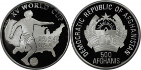 Weltmünzen und Medaillen, Afganistan. Fußballweltmeisterschaft USA. 500 Afganis 1992, Silber. 0.64 OZ. KM 1022. Polierte Platte