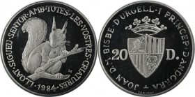 Weltmünzen und Medaillen, Andorra. Eichhörnchen. 20 Diners 1984, 0.43 OZ. Silber. 0.43 OZ. KM 23. Polierte Platte