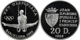 Weltmünzen und Medaillen, Andorra. "1992 Olympische Sommerspiele in Barcelona". 20 Diners 1988, Silber. 0.43 OZ. KM 48. Stempelglanz