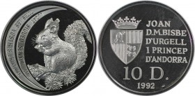 Weltmünzen und Medaillen, Andorra. Eichhörnchen.10 Diners 1992, Silber. 0.93 OZ. KM 74. Polierte Platte