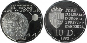 Weltmünzen und Medaillen, Andorra. 500. Jahrestag der Entdeckung Amerikas. 10 Diners 1992, Silber. 0.93 OZ. KM 78. Polierte Platte