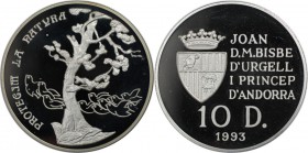 Weltmünzen und Medaillen, Andorra. Baum und Vogelschwarm. 10 Diners 1993, Silber. 0.94 OZ. KM 84. Polierte Platte