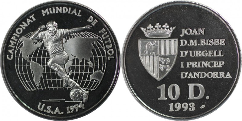 Weltmünzen und Medaillen, Andorra. Fußball WM 1994 in USA. 10 Diners 1993, Silbe...