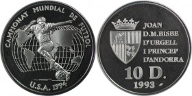 Weltmünzen und Medaillen, Andorra. Fußball WM 1994 in USA. 10 Diners 1993, Silber. 0.94 OZ. KM 86. Polierte Platte