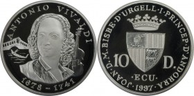 Weltmünzen und Medaillen, Andorra. Komponist Antonio Vivaldi (1678 - 1741). 10 Diners 1997, Silber. 0.94 OZ. KM 133. Polierte Platte