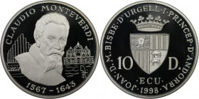 Weltmünzen und Medaillen, Andorra. Monteverdi Claudio (1567-1643), Komponist. 10 Diners 1998, Silber. KM 146. Polierte Platte