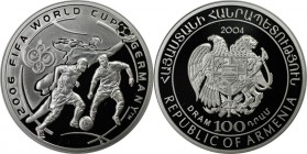 Weltmünzen und Medaillen, Armenien / Armenia. Fußball WM 2006 Deutschland. 100 Dram 2004. KM 111. Polierte Platte. Auflage nur 300 Stück
