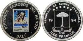 Weltmünzen und Medaillen, Äquatorial Guinea / Equatorial Guinea. Spanische Briefmarke auf Salvator Dali. 7000 Francos 1994, Silber. 0.65 OZ. Polierte ...