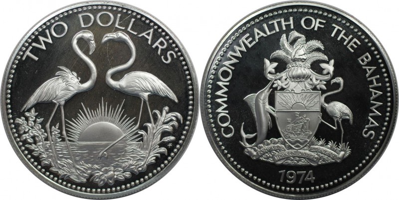 Weltmünzen und Medaillen, Bahamas. Flamingos. 2 Dollars 1974, Silber. 0.93 OZ. K...