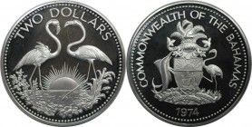 Weltmünzen und Medaillen, Bahamas. Flamingos. 2 Dollars 1974, Silber. 0.93 OZ. KM 66a. Polierte Platte