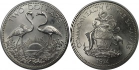 Weltmünzen und Medaillen, Bahamas. Flamingos. 2 Dollars 1974, Kupfer-Nickel. KM 66. Stempelglanz