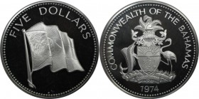Weltmünzen und Medaillen, Bahamas. 5 Dollars 1974, Silber. 0.93 OZ. KM 67a. Polierte Platte