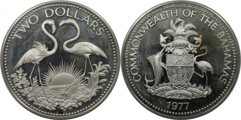 Weltmünzen und Medaillen, Bahamas. Flamingos. 2 Dollars 1977, Silber. 0.93 OZ. K...