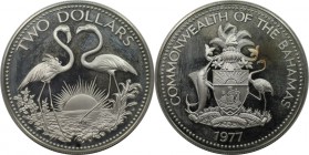 Weltmünzen und Medaillen, Bahamas. Flamingos. 2 Dollars 1977, Silber. 0.93 OZ. KM 66a. Polierte Platte