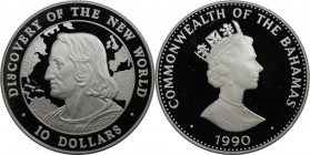 Weltmünzen und Medaillen, Bahamas. Kolumbus. 10 Dollars 1990, Silber. 0.84 OZ. KM 133. Polierte Platte