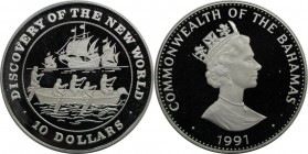 Weltmünzen und Medaillen, Bahamas. 500. Jahrestag der Entdeckung Amerikas. 10 Dollars 1991, Silber. 0.84 OZ. KM 196. Polierte Platte
