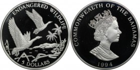 Weltmünzen und Medaillen, Bahamas. Endangered Wildlife - Black-billed pfeifende Ente. 5 Dollars 1994, 1.0 OZ. Silber. KM 172. Polierte Platte