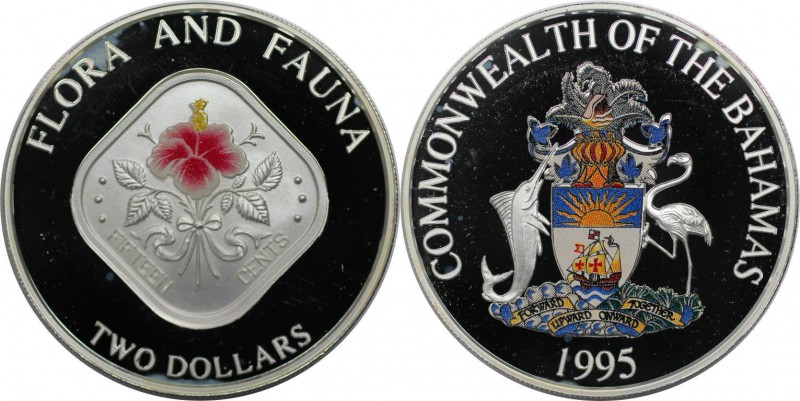 Weltmünzen und Medaillen, Bahamas. Farbmünze. Hibiskus. 2 Dollars 1995, Silber. ...