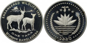 Weltmünzen und Medaillen, Bangladesch / Bangladesh. Bedrohte Tierwelt - Hirschkuh m. Kalb. 1 Taka 1993, Silber. 0.93 OZ. KM 15. Polierte Platte. Patin...