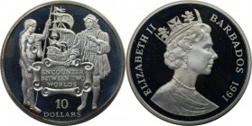 Weltmünzen und Medaillen, Barbados. Entdeckung von Amerika. 10 Dollars 1991, Silber. 0.7 OZ. KM 52. Polierte Platte