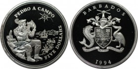 Weltmünzen und Medaillen, Barbados. Pedro A. Campo. 5 Dollars 1994, Silber. 0.85 OZ. KM 59. Polierte Platte