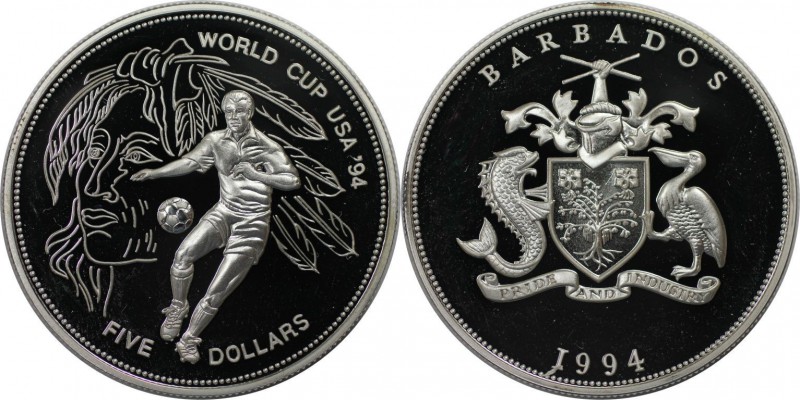 Weltmünzen und Medaillen, Barbados. WM-Fußball. 5 Dollars 1994, Silber. 0.85 OZ....