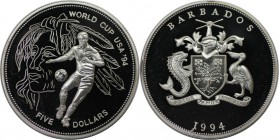 Weltmünzen und Medaillen, Barbados. WM-Fußball. 5 Dollars 1994, Silber. 0.85 OZ. KM 54. Polierte Platte
