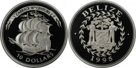 Weltmünzen und Medaillen, Belize. Carrack 16. Jahrhundert - Segelschiff. 10 Dollars 1995, Silber. 0.84 OZ. KM 124. Polierte Platte