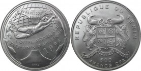 Weltmünzen und Medaillen, Benin. "1992 WM-Fußball". 500 Francs 1992, Silber. 0.39 OZ. KM 3. Polierte Platte
