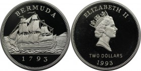 Weltmünzen und Medaillen, Bermuda. 200 Jahre Münzgeschichte, Segelschiff. 2 Dollars 1993, Silber. 0.68 OZ. KM 81. Polierte Platte