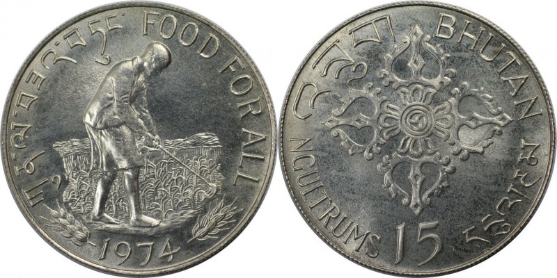 Weltmünzen und Medaillen, Bhutan. 15 Ngultrums 1974, Silber. 0.36 OZ. Stempelgla...