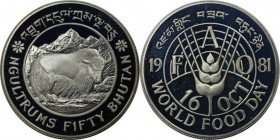 Weltmünzen und Medaillen, Bhutan. F.A.O. Series - Yak. 50 Ngultrums 1981, Silber. 0.84 OZ. KM 54. Polierte Platte