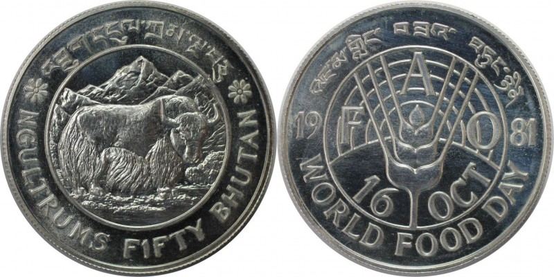 Weltmünzen und Medaillen, Bhutan. Series: F.A.O. - Yak. 50 Ngultrums 1981, Silbe...