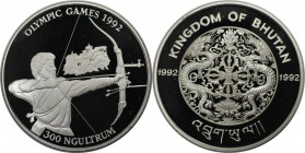 Weltmünzen und Medaillen, Bhutan. Sommerspiele in Barcelona - Bogenschießen. 300 Ngultrums 1992, Silber. 0.94 OZ. KM 76. Polierte Platte