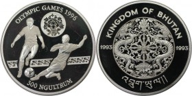 Weltmünzen und Medaillen, Bhutan. Olympische Spiele Atlanta 1996 - Fußball. 300 Ngultrums 1993, Silber. 0.93 OZ. KM 79. Polierte Platte