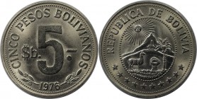Weltmünzen und Medaillen, Bolivien / Bolivia. 5 Pesos 1976. Nickel Clad Steel. KM #197. Stempelglanz