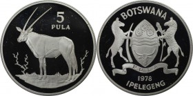 Weltmünzen und Medaillen, Botswana. Gemsbock. 5 Pula 1978, 0.85 OZ. Silber. KM 11a. Polierte Platte