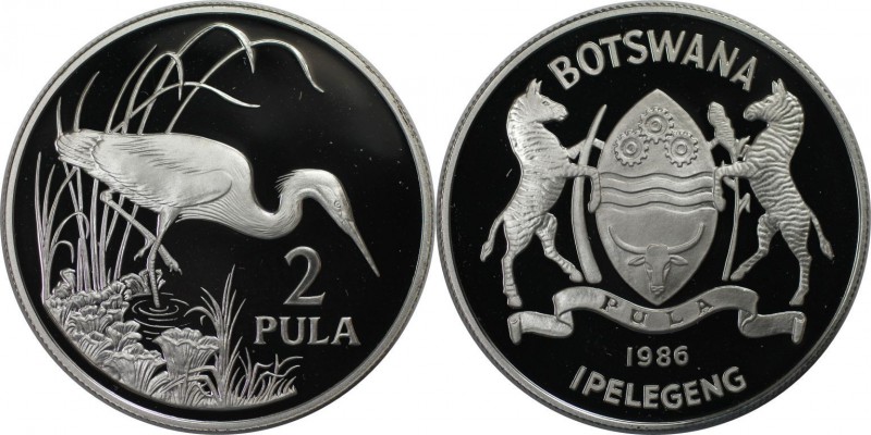 Weltmünzen und Medaillen, Botswana. Reiher. 2 Pula 1986, 0.84 OZ. Silber. KM 18....