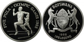 Weltmünzen und Medaillen, Botswana. "1988 Sommerolympiade". 5 Pula 1988, Silber. 0.84 OZ. KM 21. Polierte Platte