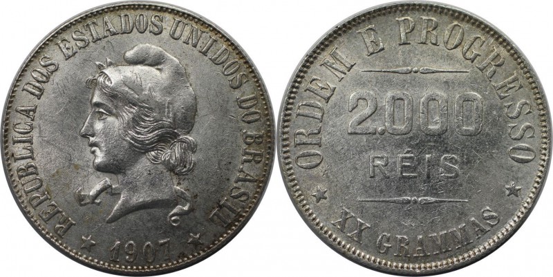 Weltmünzen und Medaillen, Brasilien / Brazil. 2000 Reis 1907, Silber. 0.58 OZ. S...