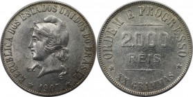 Weltmünzen und Medaillen, Brasilien / Brazil. 2000 Reis 1907, Silber. 0.58 OZ. Stempelglanz